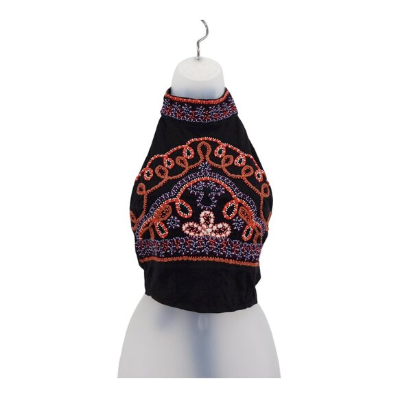 Free People Goa Embroidered Crop Top Black Size XS Tie Back Boho Halter Beaded - Picture 2 of 12